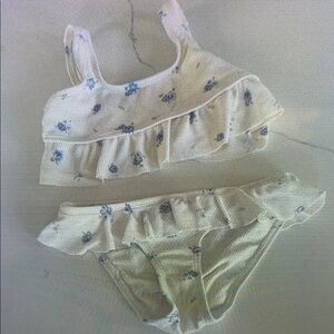 Floral Ruffle Kids Bikini Set - Cream and Blue